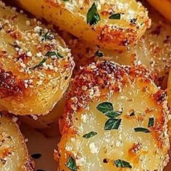 poteter Sprøstekte ovnsbakte poteter med hvitløk, urter og parmesan, servert på tallerken og pyntet med hakket persille.